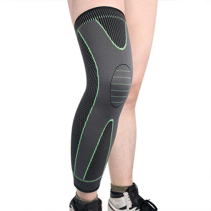 Black knee brace with green stitching, compression support for sports and recovery, breathable mesh design