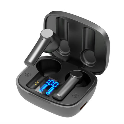 Black wireless earbuds with LED battery display in charging case