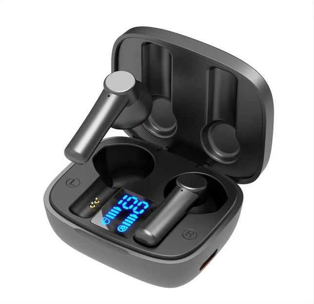 Black wireless earbuds with LED battery display in charging case