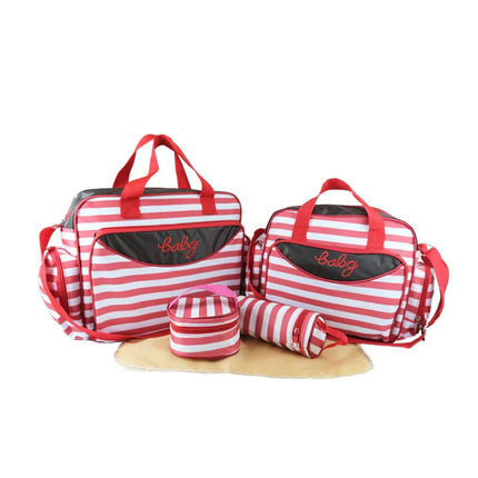 Red and white striped baby diaper bag set with 'baby' embroidery, includes tote, pouches, and changing mat