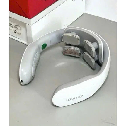 White Konka neck massager with gray rollers, green power button, ergonomic design for relaxation and muscle relief