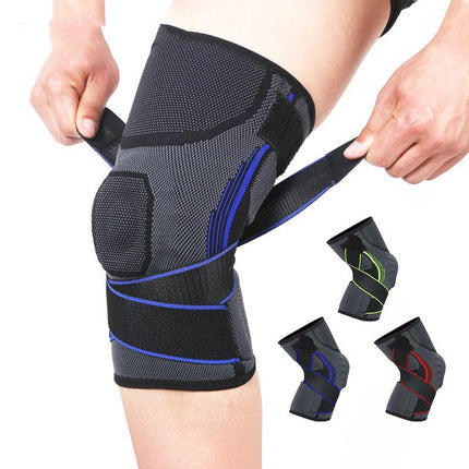 Black and blue knee brace with adjustable straps for support, shown with green and red variants