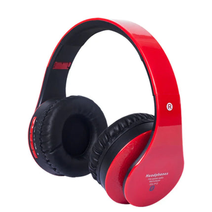 Red wireless headphones with black ear cups, FM radio, and MP3 player features
