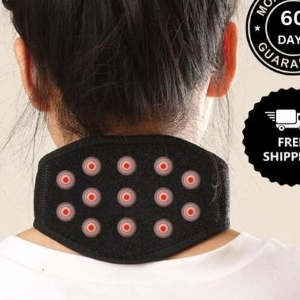 Black neck massager with red magnetic therapy points, worn for pain relief and relaxation