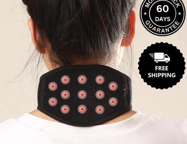 Black neck massager with red magnetic therapy points, worn for pain relief and relaxation