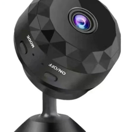 Black geometric mini security camera with ON/OFF and MODE buttons, purple lens, for home surveillance