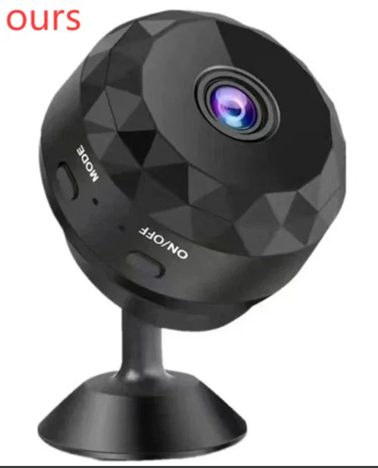 Black geometric smart home security camera with mode and on/off buttons, purple lens