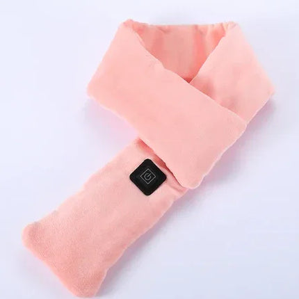 Soft pink heated neck wrap with black control panel, cozy design for relaxation and muscle relief