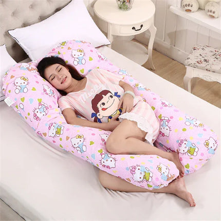 Pink Hello Kitty pregnancy body pillow with U-shape design for side sleeping comfort