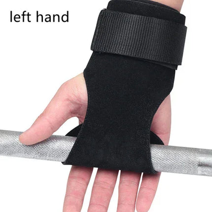 Black weightlifting grip strap with wrist support, worn on left hand holding barbell for gym training