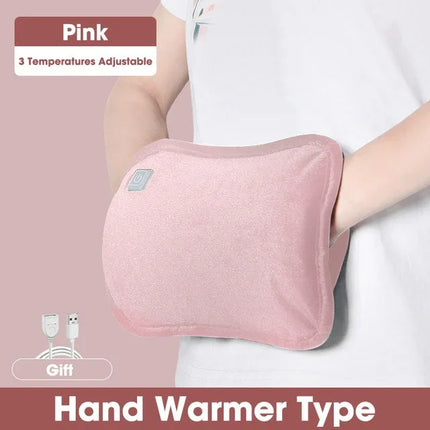 Pink hand warmer with 3 adjustable temperatures, USB rechargeable, soft fabric design for cozy warmth