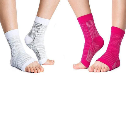 White and pink compression ankle socks with breathable mesh design for foot support and comfort