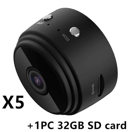 Black X5 mini camera with mode button, micro SD slot, and 32GB card included