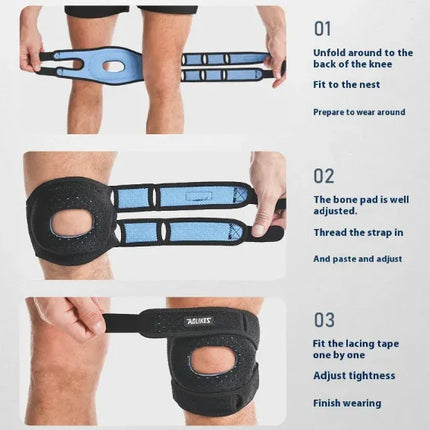 Black and blue adjustable knee brace with lacing straps, shown in 3-step fitting guide for support and comfort