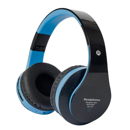 Blue and black wireless headphones with FM radio and MP3 player, model SN-P13, foldable design