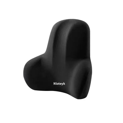 Black ergonomic lumbar support pillow with contoured design for back comfort