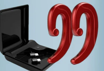 Red ergonomic ear hooks with black charging case, sleek design for secure fit and wireless audio