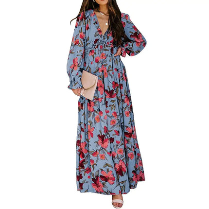 Women’s V-neck Loose Printed Long Sleeve Dress – Floral & Ruffle Design