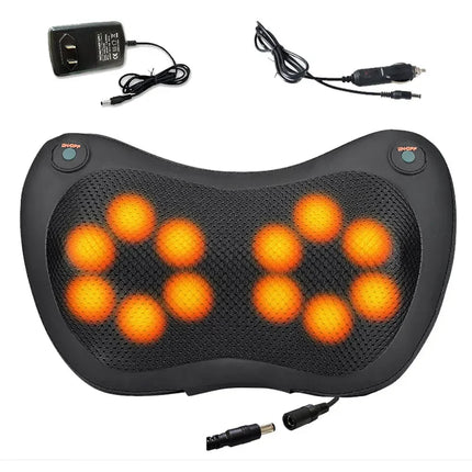 Black massage cushion with orange heating nodes, power adapter, and car charger for back relaxation