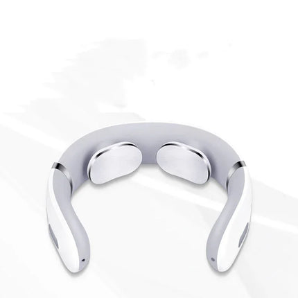 White and silver neck massager with curved design for shoulder and neck relief