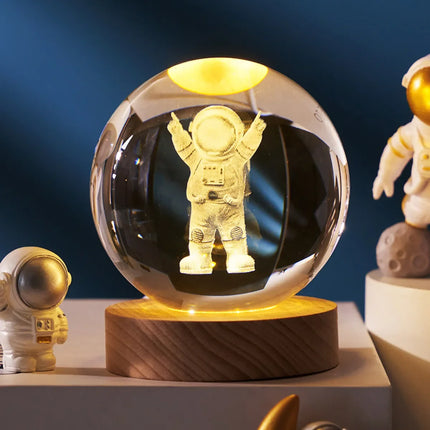 Glowing astronaut 3D crystal ball night light with wooden base, space decor for kids' room or desk