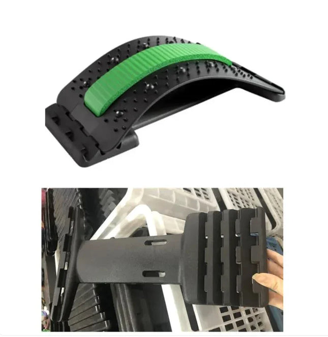 Black and green ergonomic back stretcher with textured grip and adjustable design for spine alignment