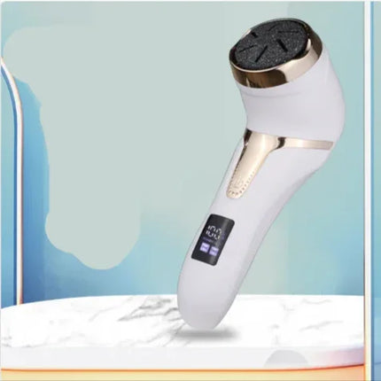 White and gold facial massager with digital display and black textured head for skincare routines