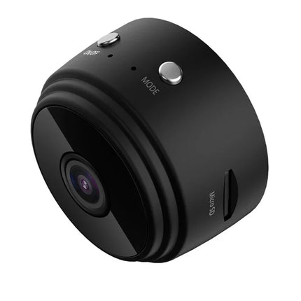 Compact black mini camera with ON/OFF and MODE buttons, Micro SD slot, and wide-angle lens for home security or travel use