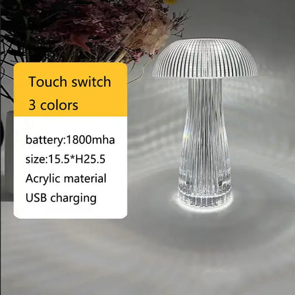Clear acrylic mushroom lamp with touch switch, 3 color modes, USB charging, 1800mAh battery