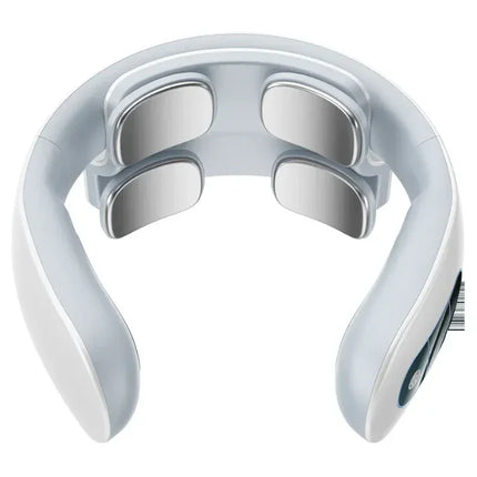 White neck massager with 4 silver rollers, ergonomic design for shoulder and neck relief