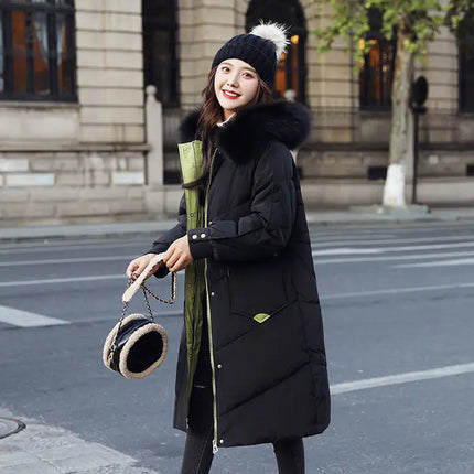 Women's Medium-Length Hooded Down Jacket with Large Fur Collar – Winter Warm Elegant Coat