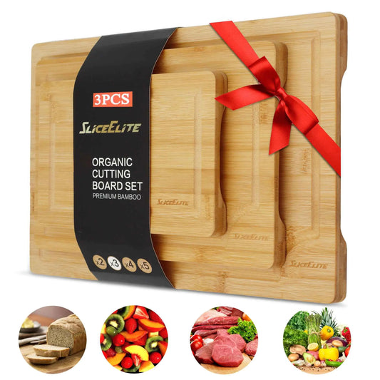 Bamboo Cutting Board Set of 3 – Organic Wooden Cutting Boards with Handles | Non-Toxic, Dishwasher Safe & Multipurpose