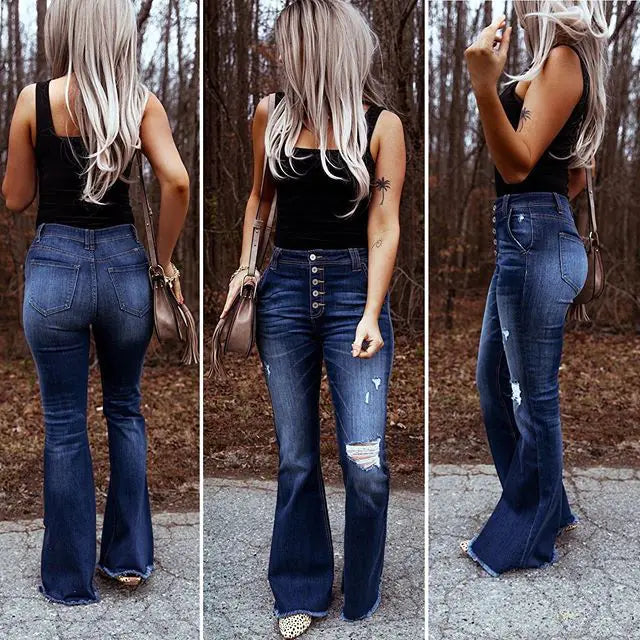 High Waist Ripped Flare Jeans – Dark Blue Denim