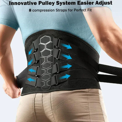 Black back brace with 8 compression straps, honeycomb design, and pulley adjustment for lumbar support