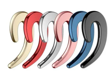 Wireless Bluetooth earbuds in gold, red, silver, pink, blue, and black with sleek curved design