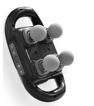 Black handheld massager with four gray nodes and control buttons for muscle relaxation
