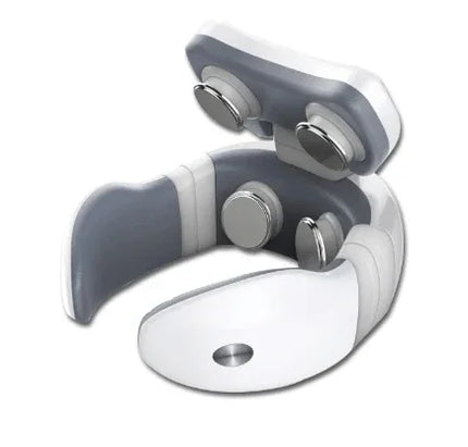 Gray and white neck massager with rolling nodes for muscle relaxation and pain relief