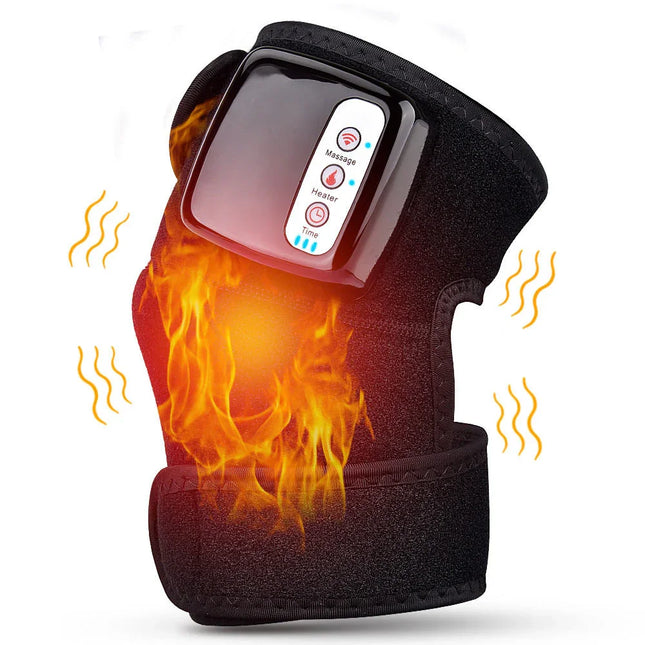 Black heated knee brace with massage & timer controls, providing warmth and pain relief for joint support