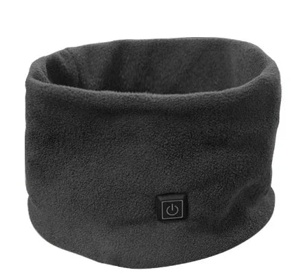 Black heated neck warmer with power button, soft fleece design for winter warmth