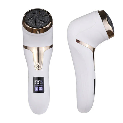 White and gold electric foot file with digital display for callus removal and pedicure care