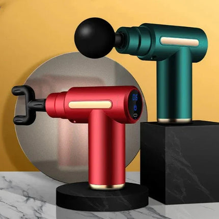 Red and teal cordless massage guns with digital display, black attachments, sleek design for muscle recovery