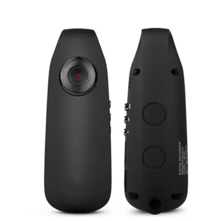 Black compact digital voice recorder with red lens, dual buttons, and sleek ergonomic design for portable audio capture