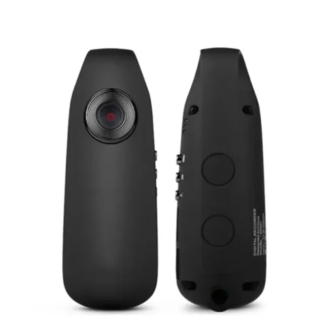 Black compact digital voice recorder with red lens, buttons, and sleek design for audio capture