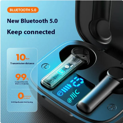 Black Bluetooth 5.0 wireless earbuds with charging case, digital battery display, and sleek modern design
