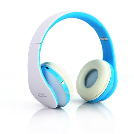Blue and white wireless headphones with soft ear cups and control buttons for music and calls