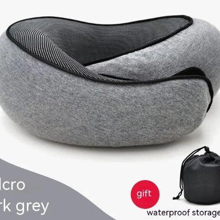Grey travel neck pillow with Velcro closure, black mesh panel, and waterproof storage bag gift