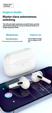 White wireless earbuds with charging case, supports binaural and single-ear use, HD sound for music and games