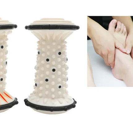 White foot roller massager with black dots and red base, used for foot massage and relaxation