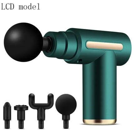 Teal cordless massage gun with LCD screen, black attachments, gold accents for muscle recovery and relaxation