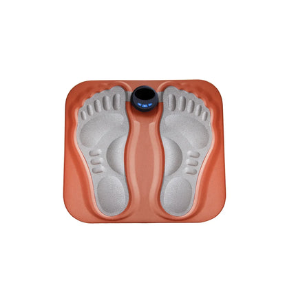 Orange foot massager with gray footprints, digital control panel, vibration therapy for relaxation and wellness